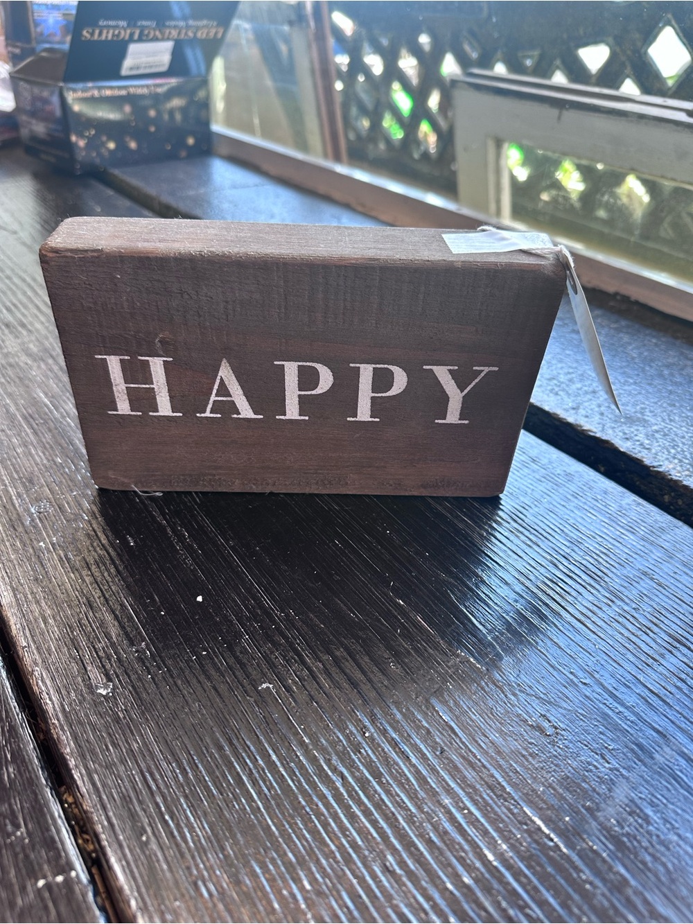 HAPPY Rustic Wood Block Sign in Brown